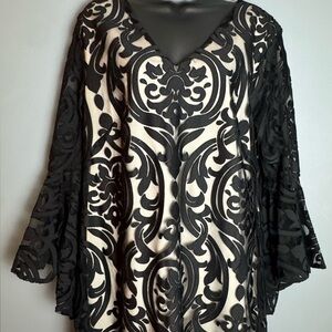 Prelude Women’s Black Sheer Lace Bell Sleeve Knee Length Dress Nude Lining XL